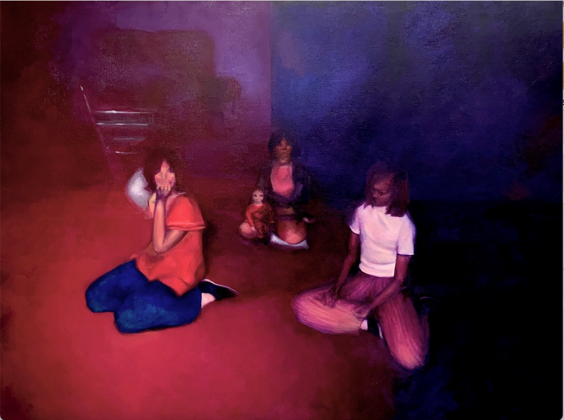 Painting of several figures in a dimly lit room with red and purple tones.
