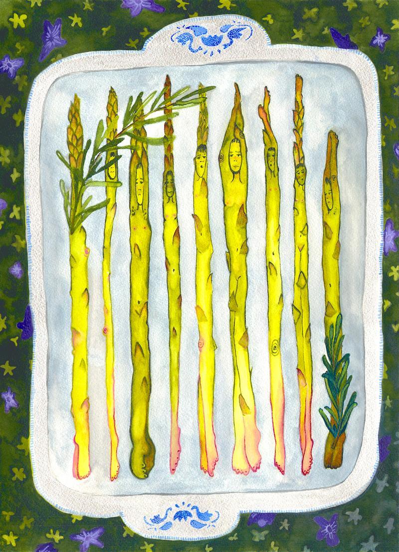 Me and My Asparaguys, 2025 — Japanese watercolors on Arches paper, 12 x 9 inches
