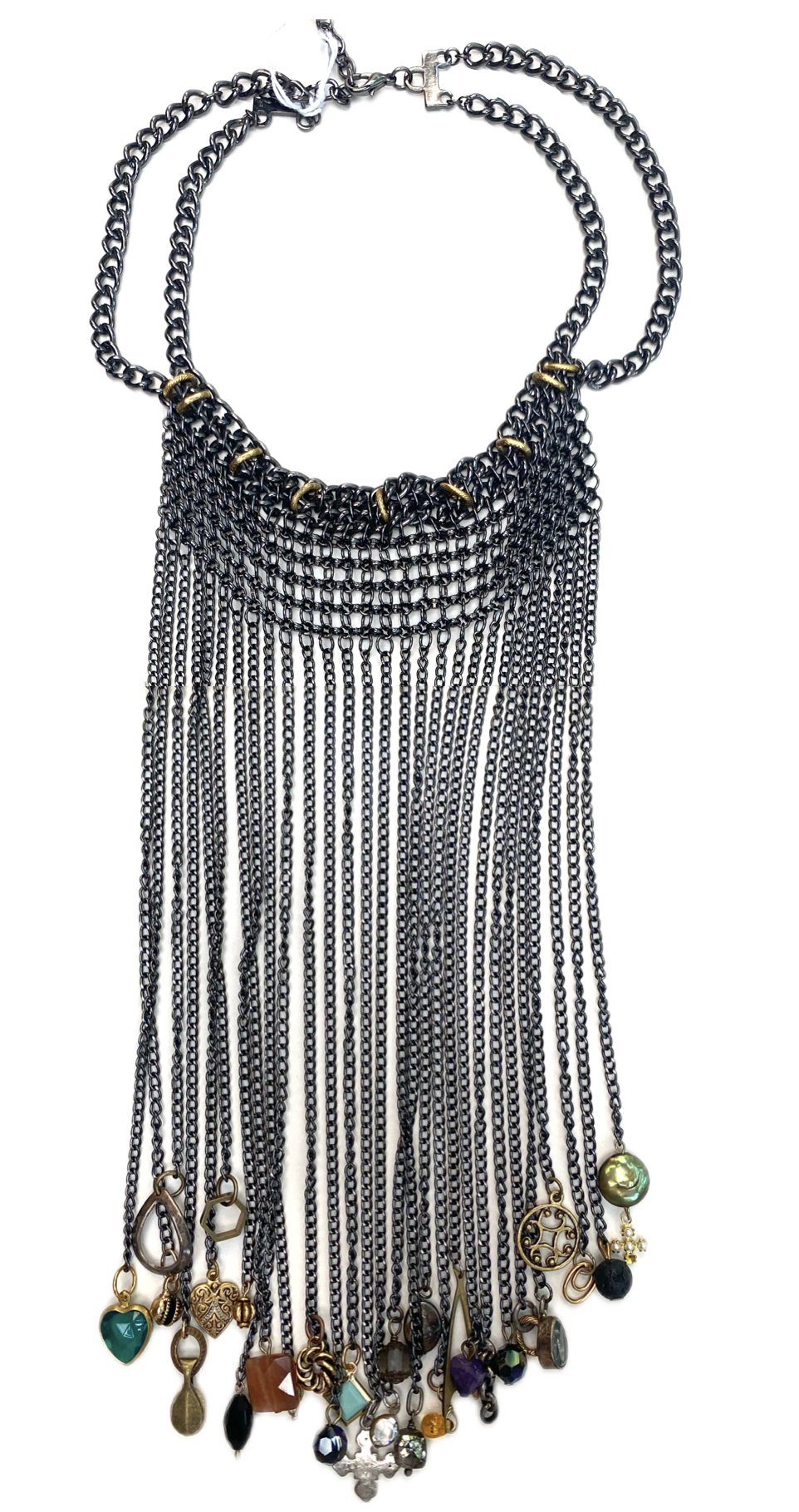 Fringe bib necklace — gunmetal chain with cascading fringe and mixed gemstone and metal charms.