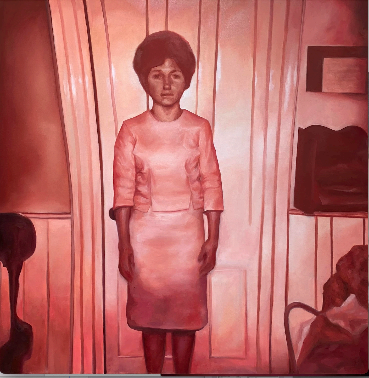 Painting of a person in a pink dress standing in a doorway.