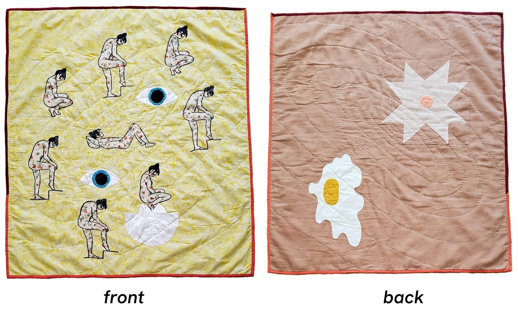 "Cosmic Egg", 2025, quilt made from secondhand fabrics and woodblock print, 37x33in.