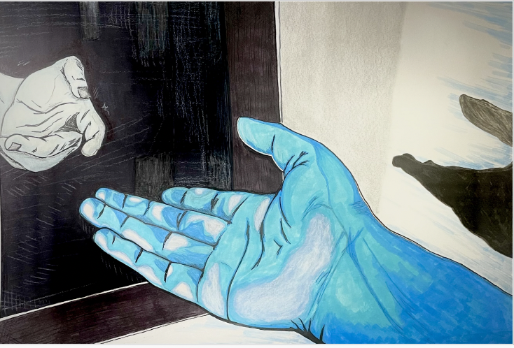 "3 Reflections" (2023), alcohol markers and Prismacolor on media paper — an outstretched blue hand reaching from a bright field toward a smaller white hand emerging from a dark black space.