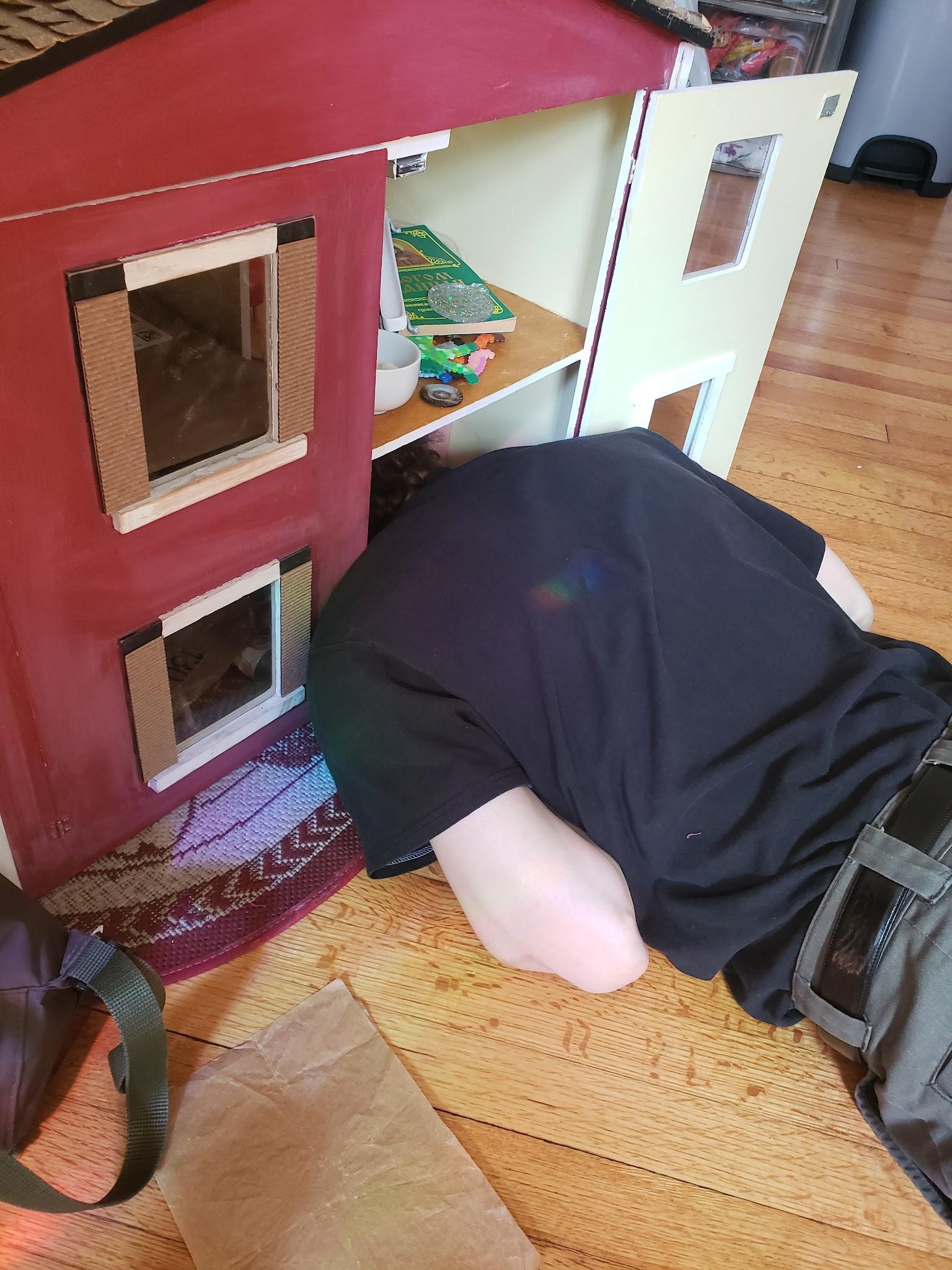 "Dollhouse", 2026, mixed media, 24.5x28.5x17in — a person in a black t-shirt lying on the floor, looking into a red and yellow toy dollhouse.