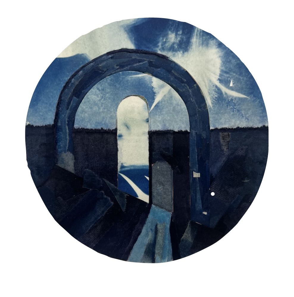 Circular cyanotype-style work in deep blues and whites depicting a stone archway opening onto sky and light.