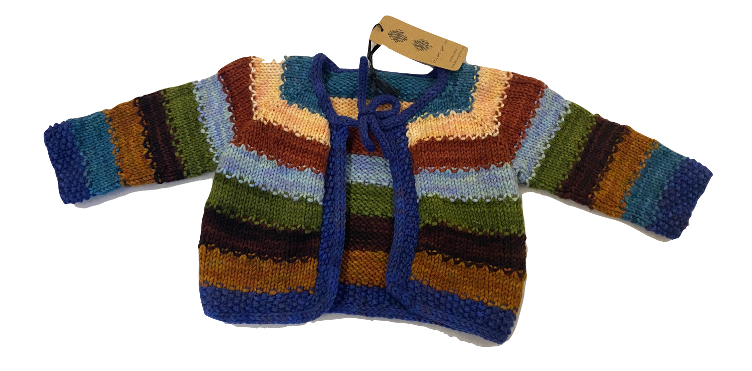 Hand-knit baby cardigan in horizontal stripes of green, rust, teal, cream, and brown with a cobalt blue border and tie closure.