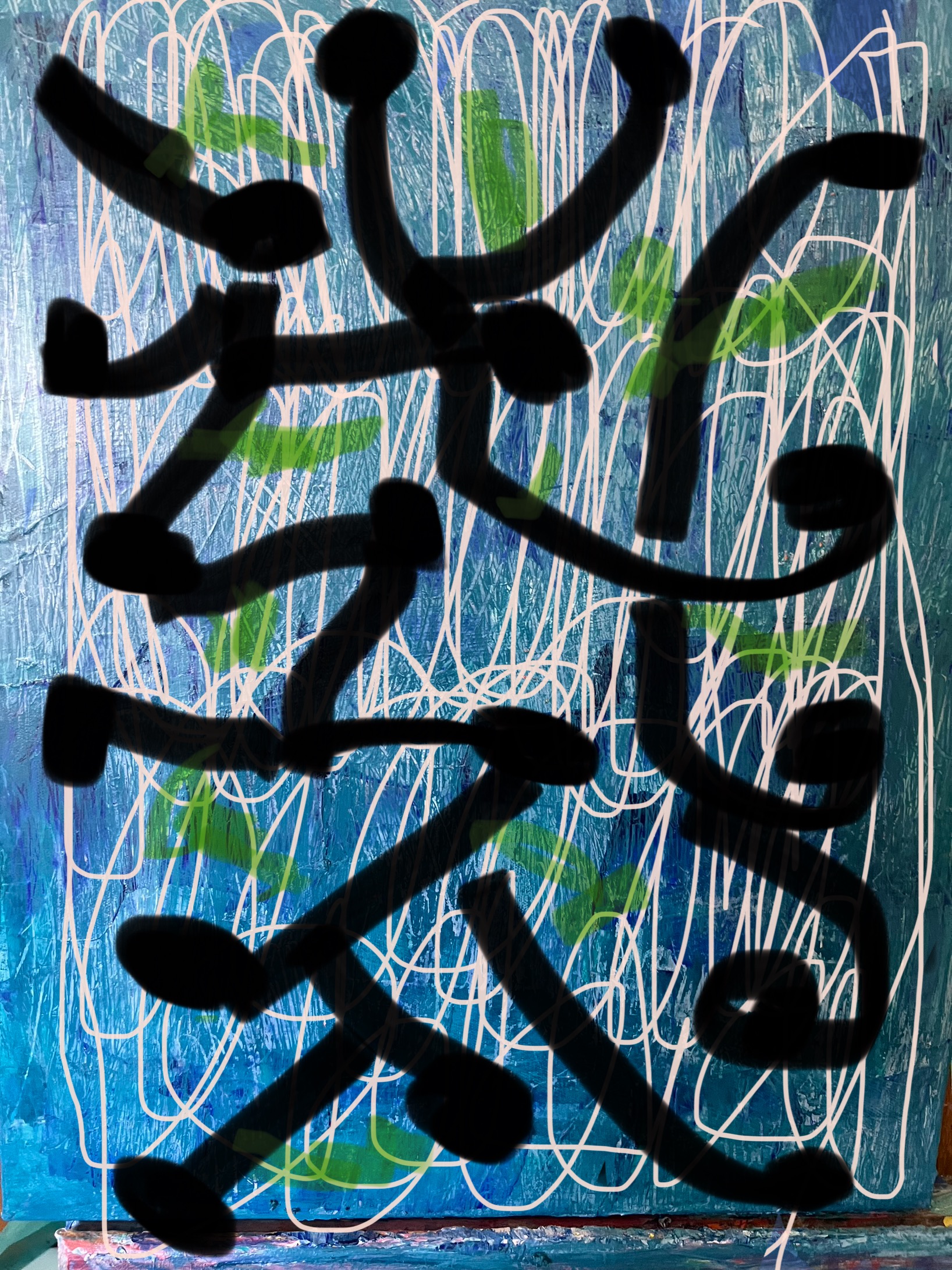 Abstract painting with black stick-figure-like shapes layered over a blue background with white scribbled lines and green patches.