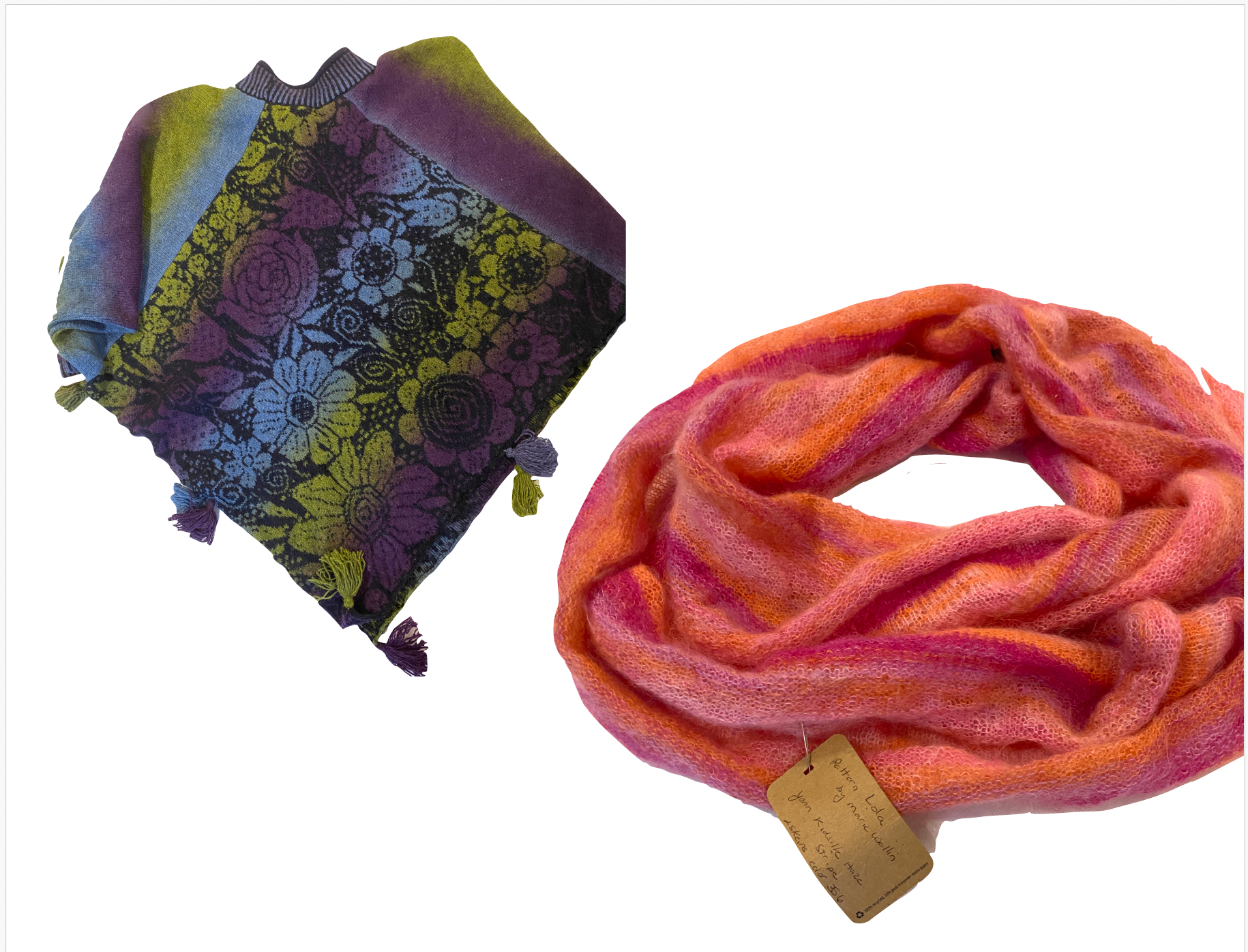 A cropped, tasseled pullover in floral chartreuse, blue, and purple fabric with dip-dyed shoulders, shown beside a hand-knit mohair infinity scarf in coral, pink, and orange stripes.