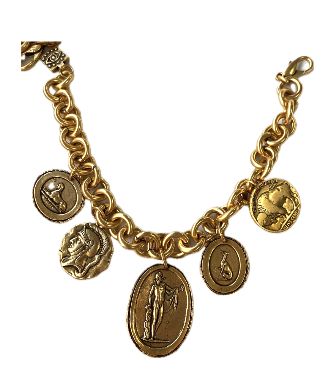 Gold chain necklace hung with classical intaglio and coin-style medallions.