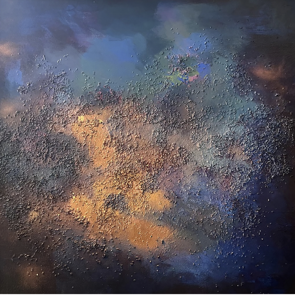 Abstract painting with a textured, golden-brown center fading into deep blue and violet edges, evoking a dust cloud or nebula.