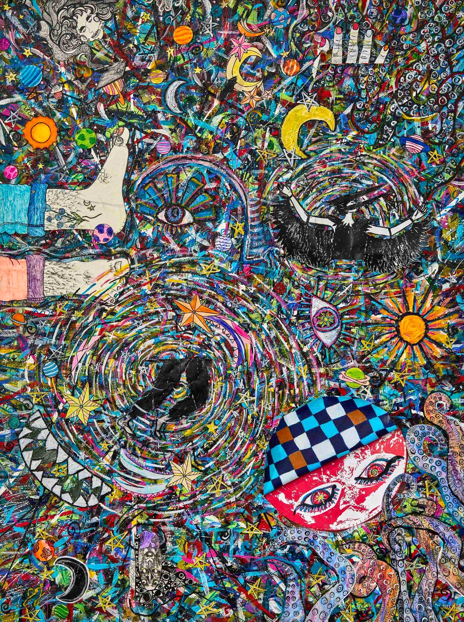 The Weaver, 2024 — mixed media collage, acrylic, paper, thread, and hand-sewn elements on canvas, 30 x 40 in.